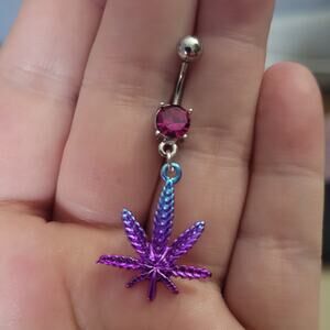 Stainless steel 14g fan leaf charm belly button ring, purple blue ombre gradient